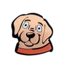 Cartoon depiction of a dogs head with a light brown coat, black outline, blue eyes, and an orange collar on a plain white background featured in this Shoe Charm.