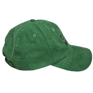 Green Corduroy cap side view with a curved brim and an adjustable back strap.