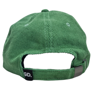 View of the Green Corduroy Cap from the back, featuring an adjustable strap with a metal buckle and GD. initials at the strap end.
