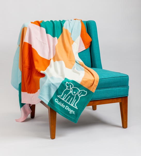 A multicolored Rug - Polar Fleece featuring Guide Dogs and a dog logo is draped over a teal upholstered chair with wooden legs, set against a white background.