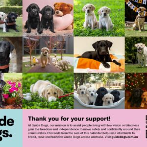 A collage of guide dog puppies in different settings, some with toys or people, features on the 2026 Calendar with text and a QR code promoting Guide Dogs Australia.
