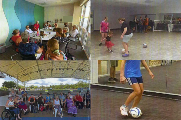 A collage of four images shows group discussions, adults and children playing soccer indoors, and people seated outdoors under a canopy.