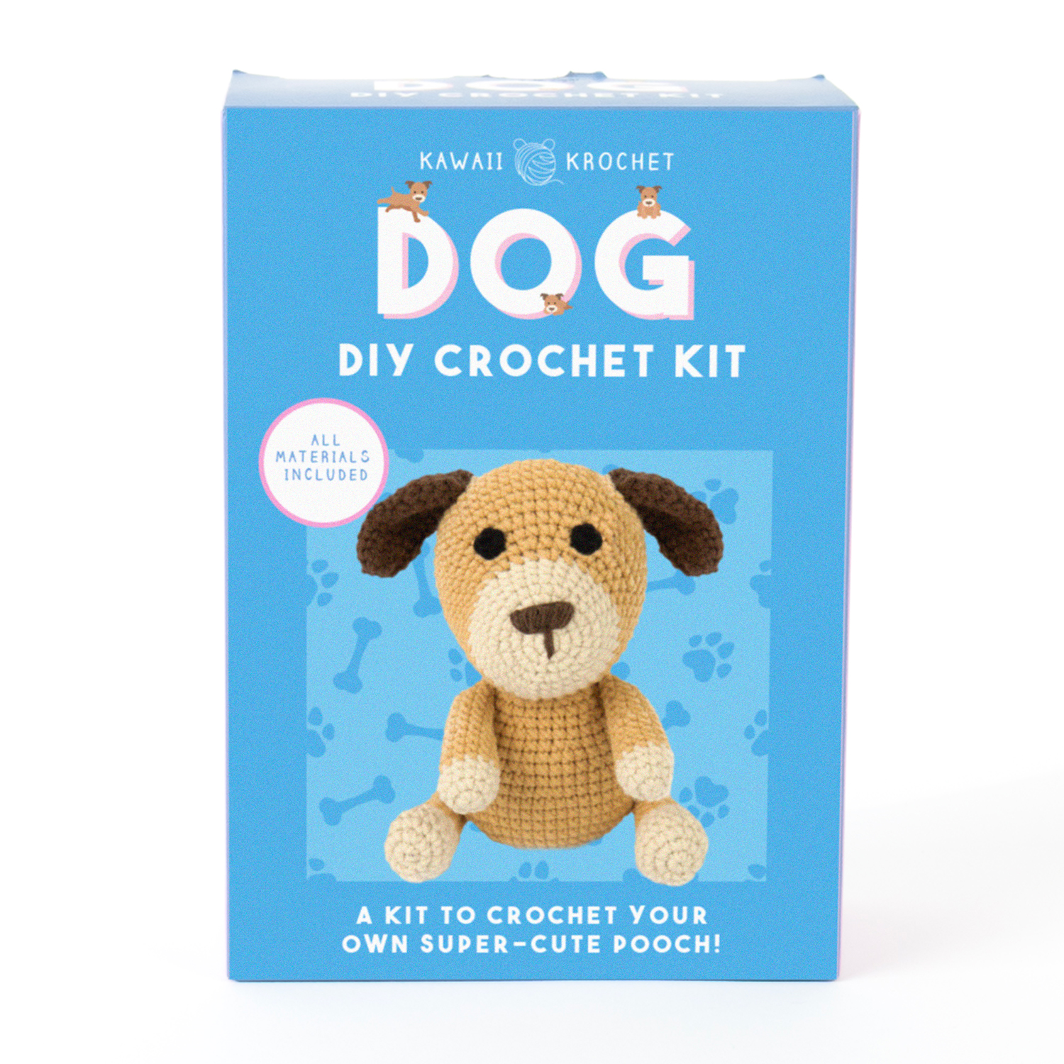 The Crochet Kit includes all materials needed to make a stuffed dog and features an image of the finished crocheted dog on the box.