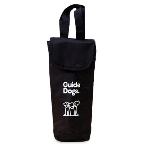 Black insulated Wine Cooler Bag with a flap, handle, and white Guide Dogs logo featuring two dogs on the front.