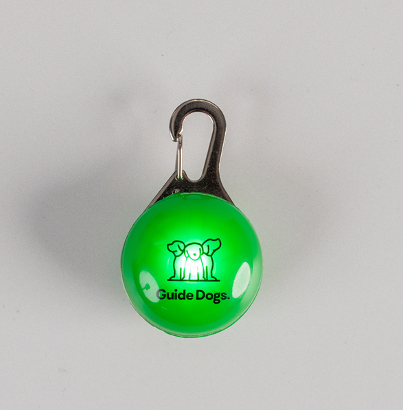 The Clip on LED Light is green and round, with a black metal clip and the Guide Dogs logo printed on the front.