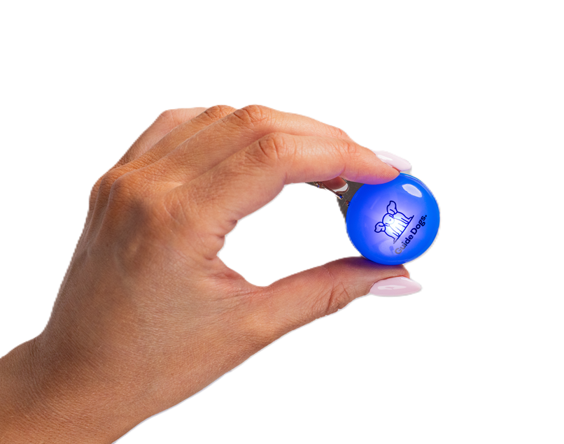 A hand holds a blue circular Clip on LED Light featuring a dog graphic and the text collarbone, against a white background.