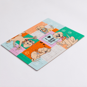 The Jigsaw Puzzle is a completed rectangular puzzle showing cartoon guide dogs in various poses with a central I love Guide Dogs sign on a colorful background.