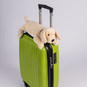 A green hard-shell suitcase with a Plush PJ Puppy toy lying on top, against a plain light background.