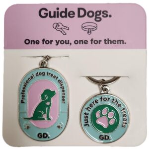 The Keyring and Charm Set includes two keychains on a Guide Dogs card: one with a dog silhouette labeled Professional dog treat dispenser, and the other with a paw print labeled Just here for the treats.