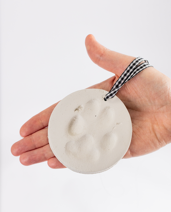 A hand holds the Unboxed but Perfect - Clay Paw Print Kit's round white ornament featuring a paw print impression and a black-and-white checkered ribbon.