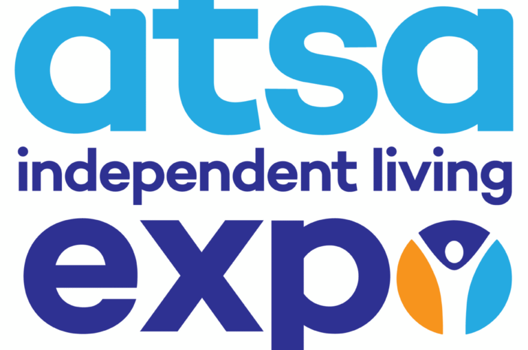 Logo with the text atsa independent living expo in blue, with the letter o stylised as a person in a yellow and blue circle.