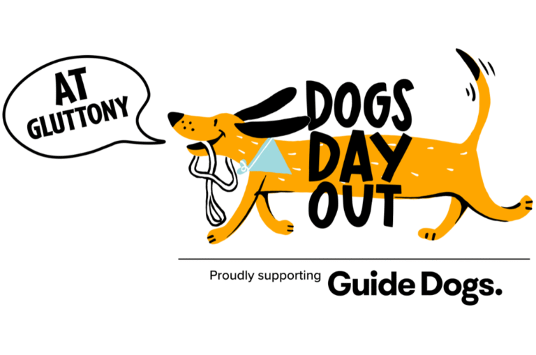 Illustration of a yellow dog running with a leash in its mouth, accompanied by text: Dogs Day Out at Gluttony. Proudly supporting Guide Dogs.
