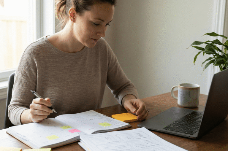 Woman sits at a wooden table working on writing an emergency plan, papers, sticky notes, and a laptop. A coffee mug and a plant are nearby. She appears focused on her tasks.