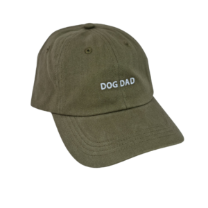 Caps in olive green featuring "DOG DAD" embroidered in white on the front.