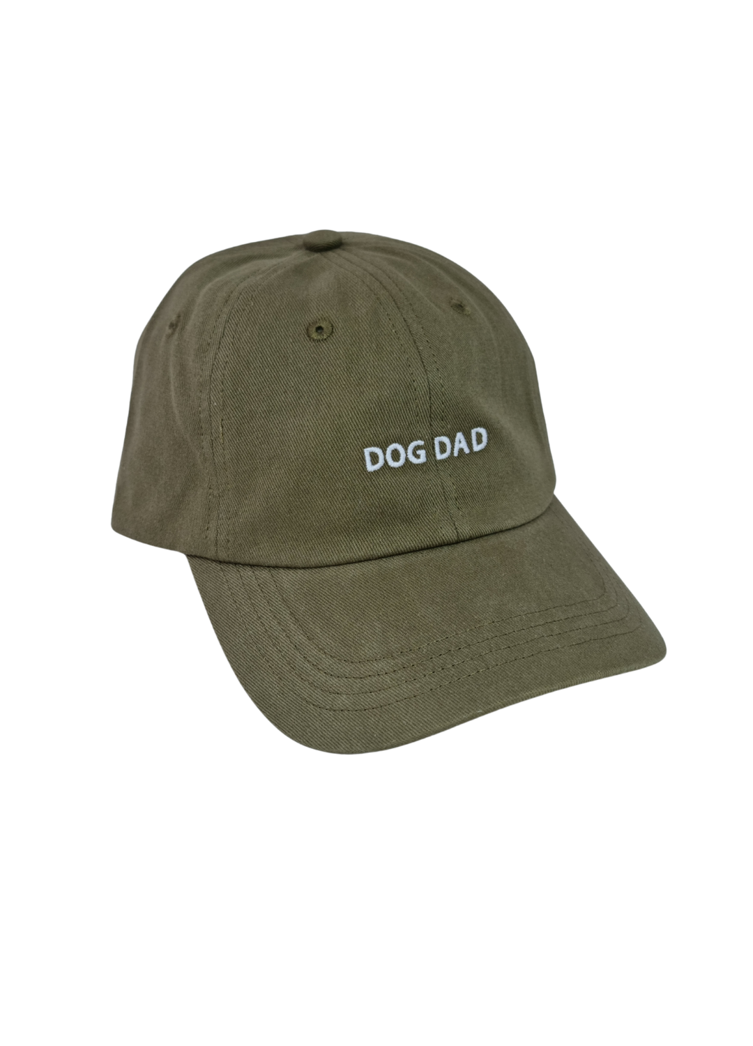 Caps in olive green featuring "DOG DAD" embroidered in white on the front.