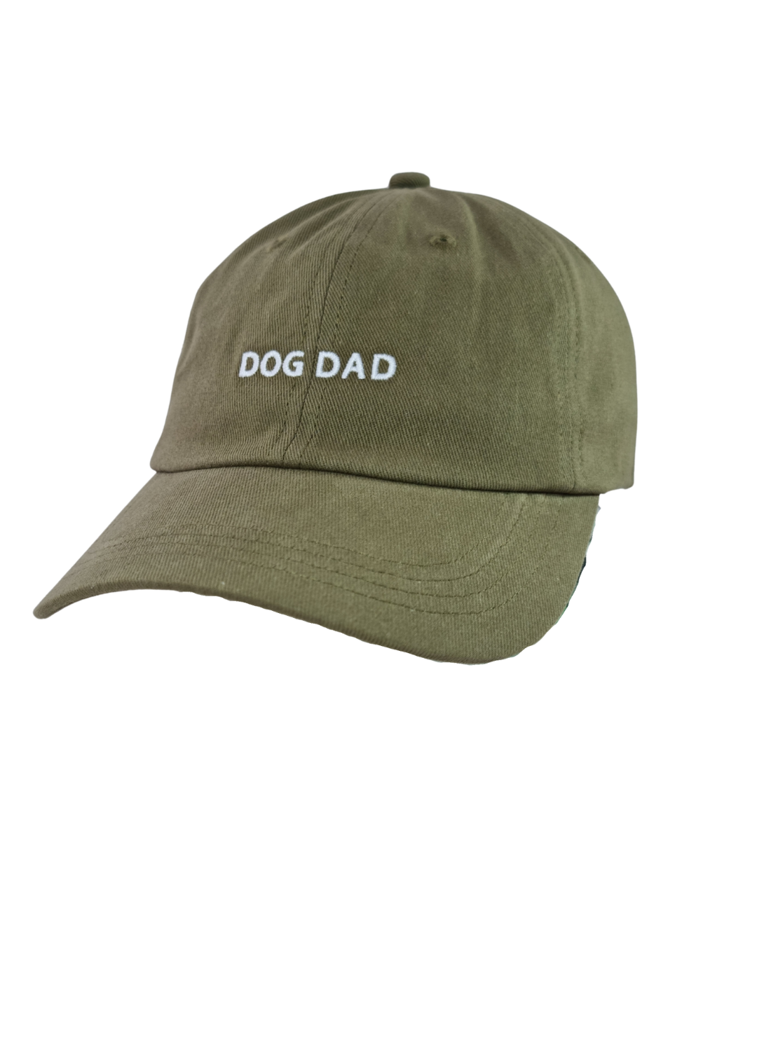 Caps in olive green with "DOG DAD" embroidered in white on the front.