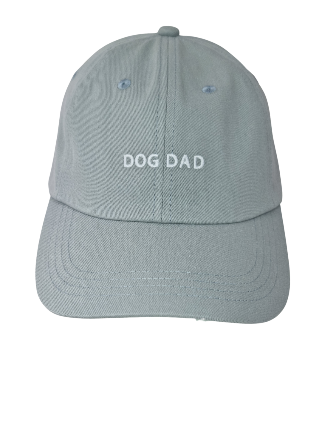 Light blue baseball cap featuring DOG DAD embroidered in white on the front.