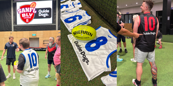 Three images show participants in a SANFL BLV (Blind League) event, with jerseys labeled Guide Dogs and a Sherrin football, inside an indoor sports facility.