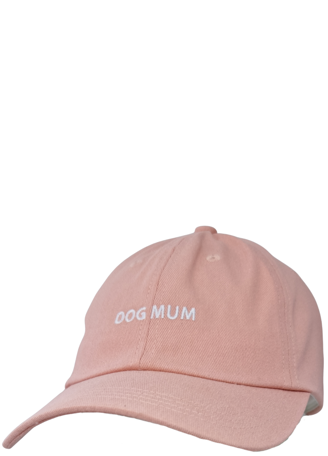 Light pink Caps with white embroidered "DOG MUM" text on the front.