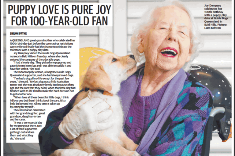 Guide Dogs supporter Joy’s secret to longevity: chocolate, bubbles and puppy cuddles