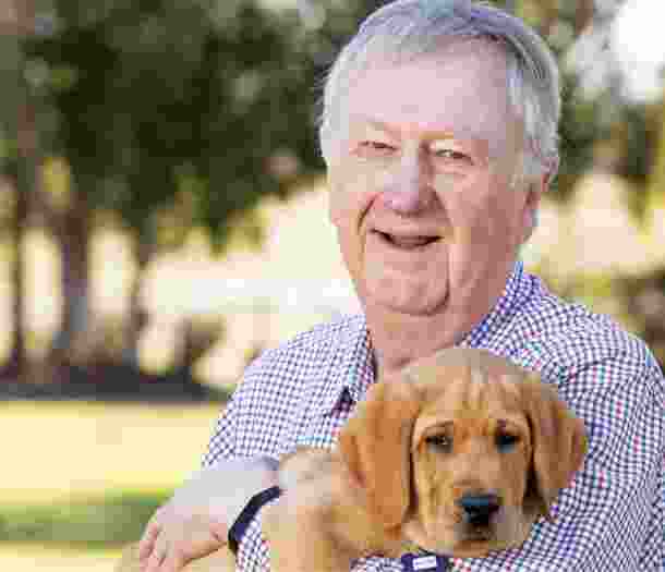 Guide Dogs Queensland Board President, Richard Anderson OAM, standing outside holding an eight week old caramel labrador puppy. Richard is looking at the camera smiling.