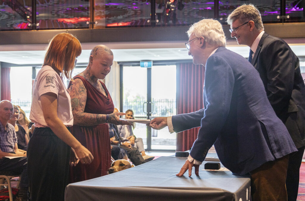 Janice Whittle and GDMI Jade on the left, former Governor, the Honourable Paul de Jersey AC CVO, and David Swain on the right.