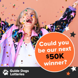 A woman celebrating with confetti falling on her. Text on image reads: 'Could you be our next $50k winner?'