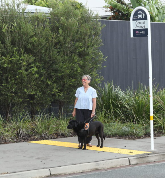 Sue and Guide Dog Vegas are standing outside at a bus stop.