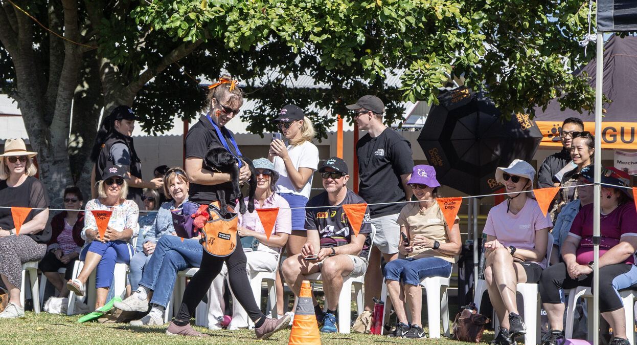 A puppy trainer carrying a black Labrador puppy around an arena as spectators watch. The spectators are looking at the puppy and smiling.