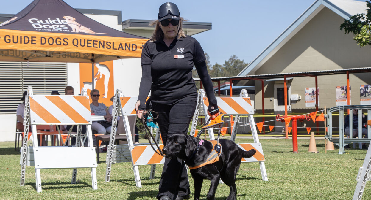 A Guide Dog Trainer walking with a black Guide Dog.