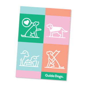 A large checkered pattern with green, pink, blue and orange tea-towel with cartoon images of Guide Dogs.