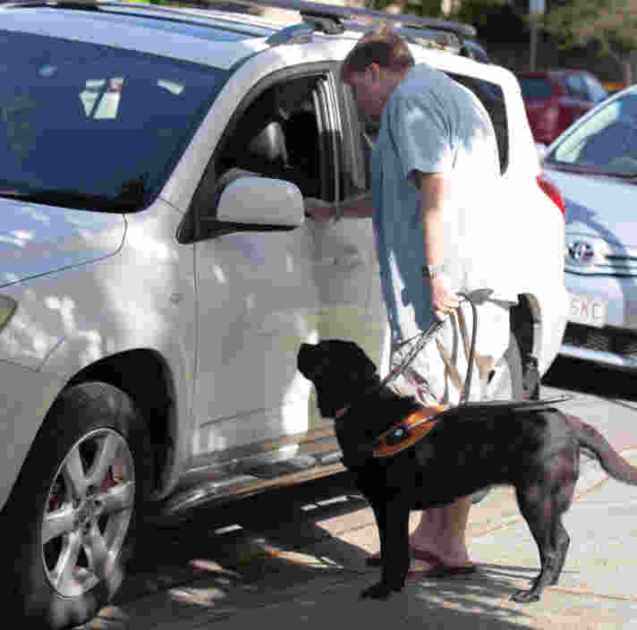 Image shows a Guide Dog Handler and Guide Dog in harness are standing on the footpath, leaning into the window of the vehicle to talk to the driver.