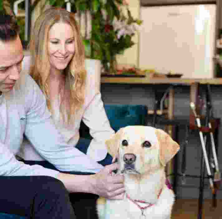 Image shows a man and woman gently petting a yellow Labrador in a kitchen-living space, with a guide dog harness visible nearby.
