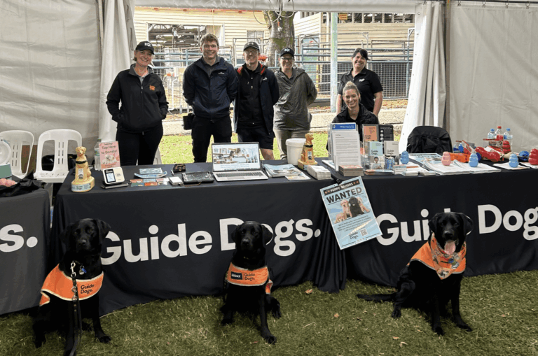 Image shows a group of people standing behind a Guide Dogs information booth, with three black labradors in orange Guide Dogs vests sitting in front. The table displays brochures, donation materials, and a "Puppy Raisers Wanted" sign.