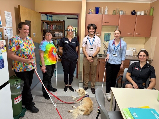 Hospital staff practice low-vision training indoors, holding white canes beside a resting Guide Dog.