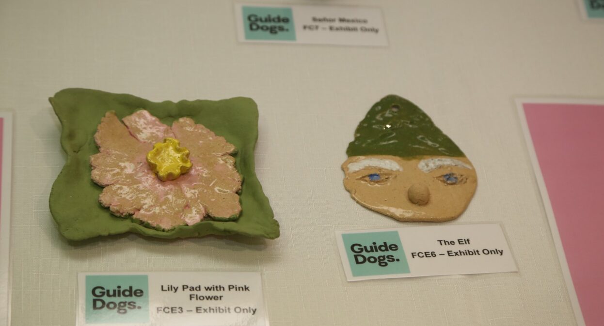 Two flat ceramic art pieces, one shaped like a lily pad with a pink flower and the other, an elf's face, sit on a table with "Exhibit Only" labels.
