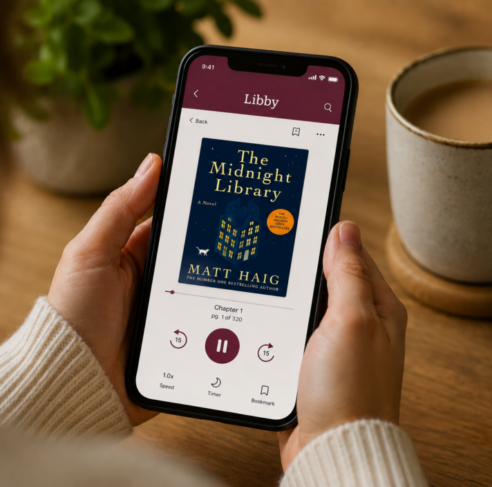 A person holds a smartphone displaying the Libby app e-reader interface, showing the book cover of "The Midnight Library" by Matt Haig. The phone is held over a wooden table next to a ceramic mug of coffee and a stack of books.