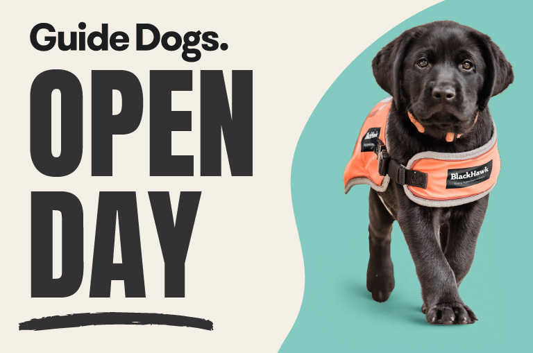 Black text on a white and blue background reads: "Guide Dogs Open Day". Image shows a black labrador puppy in an orange training vest.